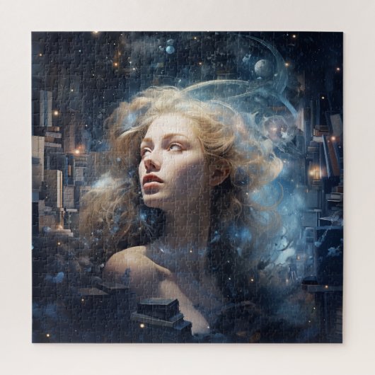 Kosmische vrouw omringd door boeken legpuzzel (Verticaal)