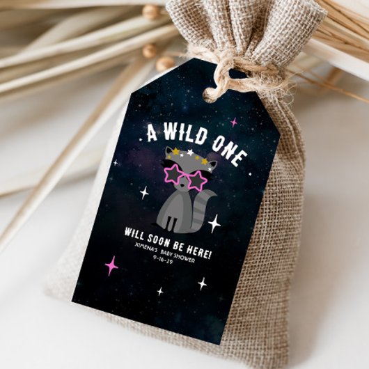 Kosmische wasbeer wild een roze meisje Baby shower Cadeaulabel