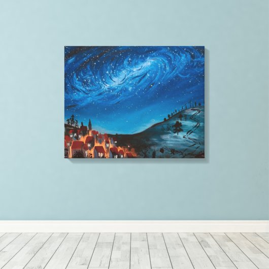 Kosmische werveling over Village Night Canvas Art (Insitu (Houten vloer))
