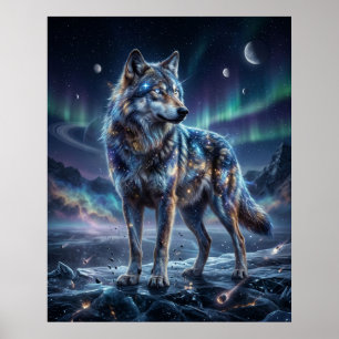 Kosmische Wolf Onder Aurora Hemel Poster