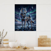 Kosmische Wolf Onder Aurora Hemel Poster (Keuken)