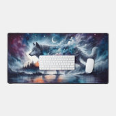 Kosmische Wolf Onder Maanverlichte Hemel Bureaumat (Keyboard & Muis)