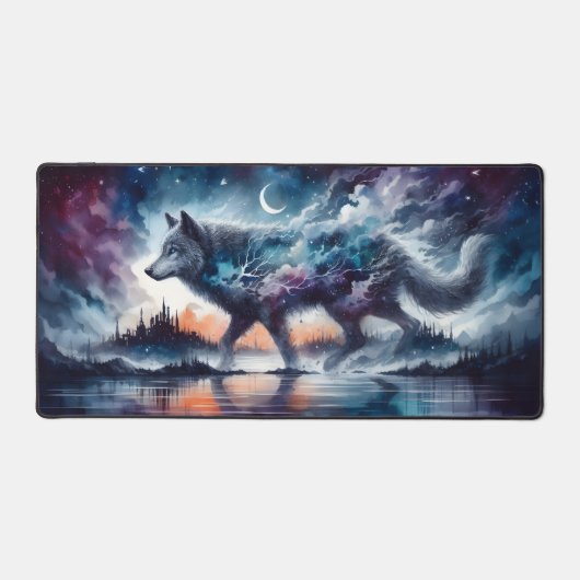 Kosmische Wolf Onder Maanverlichte Hemel Bureaumat (Voorkant)