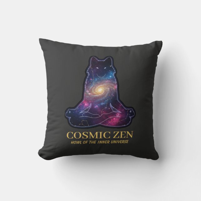 Kosmische Zen Wolf | Mediterend Galaxy Spirit Dier Kussen (Voorkant)