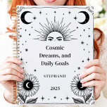 Kosmische zon en maan aangepaste naam manifestatie planner<br><div class="desc">Dit inspirerende ontwerp is voorzien van hemelse elementen zoals de zon, maan en sterren, omringd door elegante zonnebloemillustraties in een minimalistische zwart-witte stijl. De zin "Kosmische dromen en dagelijkse doelen" voegt een motivatie tintje toe en moedigt focus en intentie aan. Gepersonaliseerd met een aangepaste naam en jaar, het is perfect...</div>