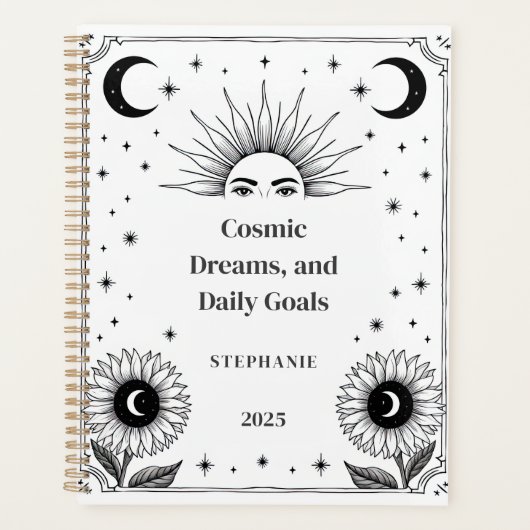 Kosmische zon en maan aangepaste naam manifestatie planner (Voorkant)