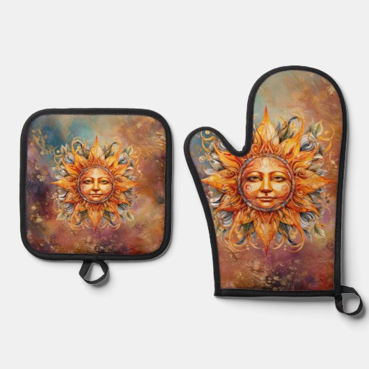 Kosmische zon gezicht digitale kunst ovenwant & pannenlap set (Voorkant)