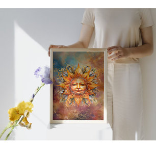 Kosmische zon gezicht digitale kunst poster