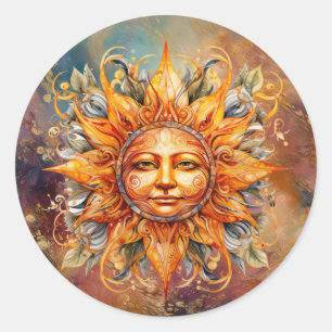 Kosmische zon gezicht digitale kunst ronde sticker