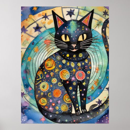 Kosmische Zwarte Kat Kunst Hemelse Kat Magie Geest Poster (Voorkant)