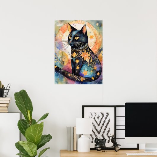 Kosmische Zwarte Kat Kunst Hemelse Kat Magische Ge Poster (Thuiskantoor)