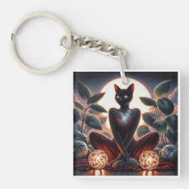 Kosmische zwarte kat met gloeiende ogen Surrealist Sleutelhanger