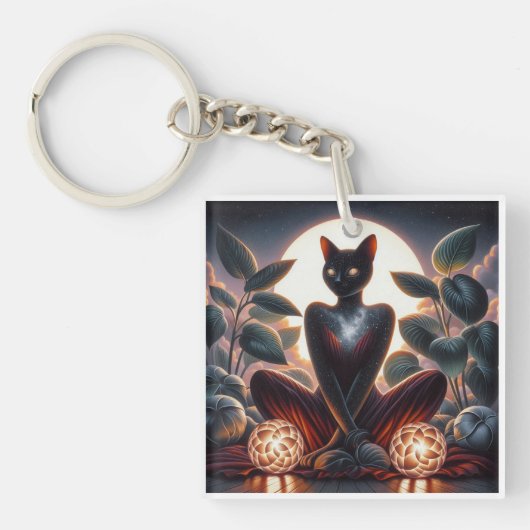 Kosmische zwarte kat met gloeiende ogen Surrealist Sleutelhanger (voorkant)