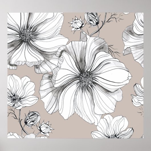 Kosmos Bloemen: Botanisch Tekenpatroon. Poster (Voorkant)