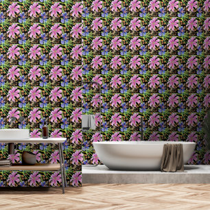 Kosmos Bloemen Roze en Blauw op Zwart Behang