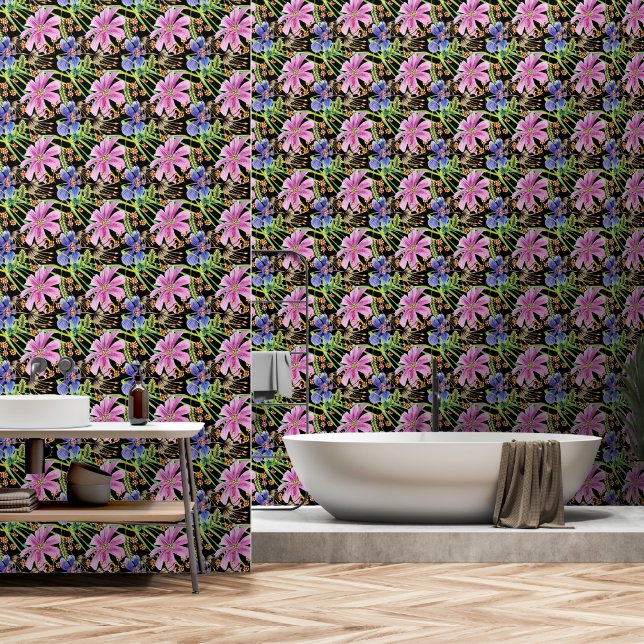 Kosmos Bloemen Roze en Blauw op Zwart Behang (Badkamer)