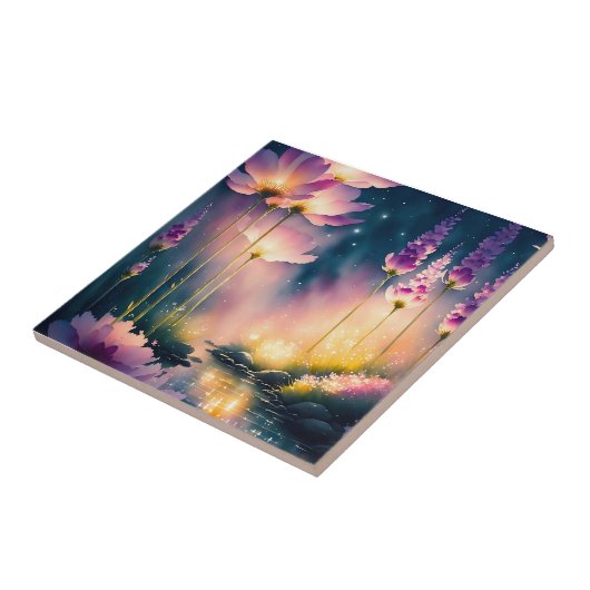 Kosmos bloesems kunstwerk tegeltje (Zijkant)