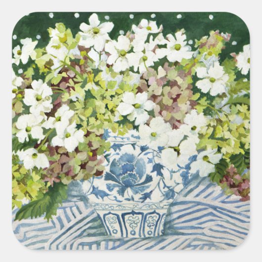 Kosmos en hydrangeas in een chinese vase 2013 vierkante sticker (Voorkant)