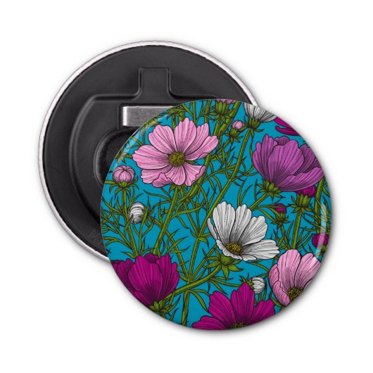 Kosmos-mix op blauw button flesopener (Voorkant)