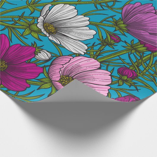 Kosmos-mix op blauw cadeaupapier (Hoek)