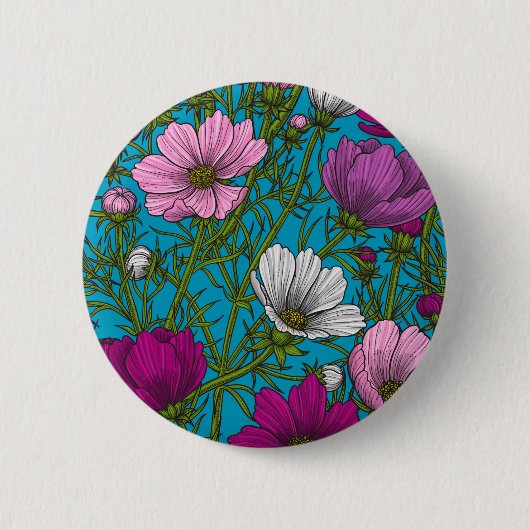 Kosmos-mix op blauw ronde button 5,7 cm (Voorkant)