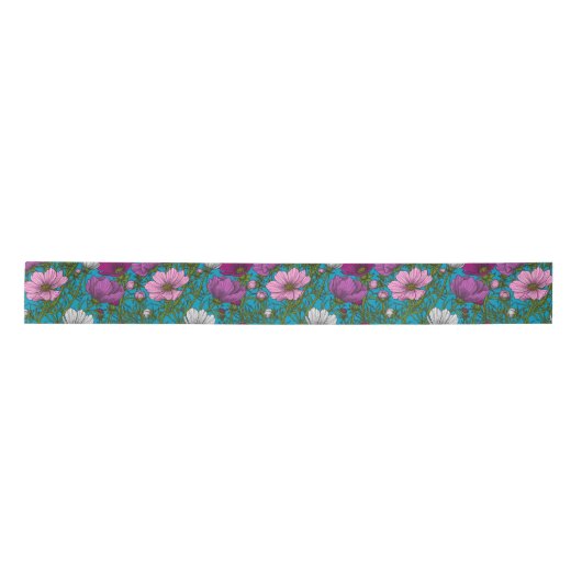 Kosmos-mix op blauw satijnen lint (Voorkant)