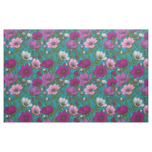 Kosmos-mix op blauw stof (Fat Quarter)