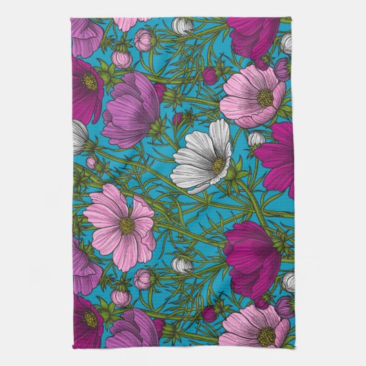 Kosmos-mix op blauw theedoek (Verticaal)