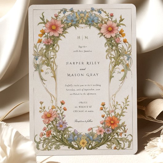 Kosmos Wildflowers Art Nouveau bruiloft Kaart