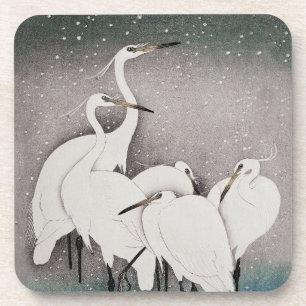 Koson Reigers in de Sneeuw: Vintage Japans Bier Onderzetter