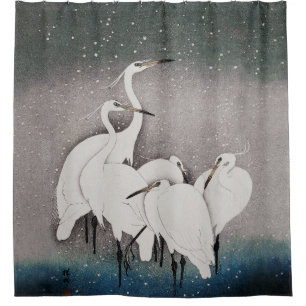 Koson Reigers in de Sneeuw: Vintage Japans Douchegordijn