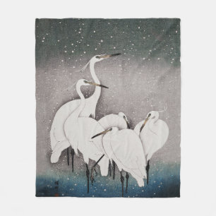 Koson Reigers in de Sneeuw: Vintage Japans Fleece Deken