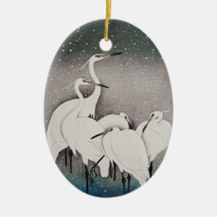 Koson Reigers in de Sneeuw: Vintage Japans Keramisch Ornament