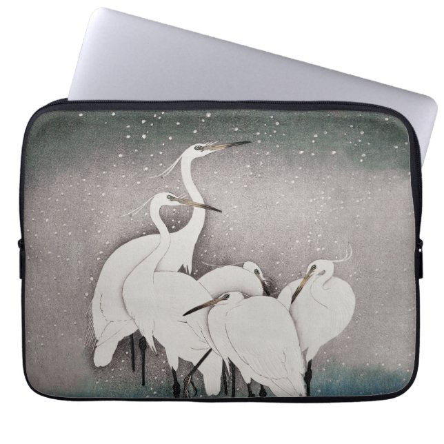 Koson Reigers in de Sneeuw: Vintage Japans Laptop Sleeve (Voorkant)