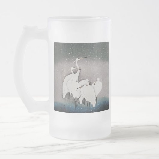 Koson Reigers in de Sneeuw: Vintage Japans Matglas Bierpul (Links)