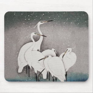 Koson Reigers in de Sneeuw: Vintage Japans Muismat