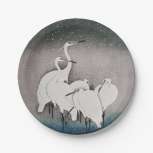 Koson Reigers in de Sneeuw: Vintage Japans Papieren Bordje