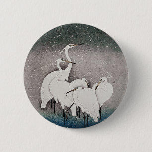 Koson Reigers in de Sneeuw: Vintage Japans Ronde Button 5,7 Cm