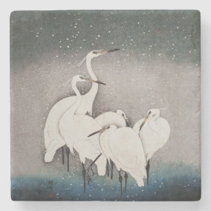 Koson Reigers in de Sneeuw: Vintage Japans Stenen Onderzetter