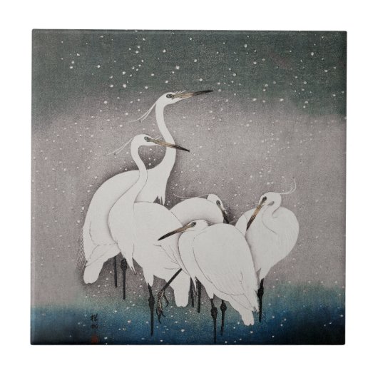 Koson Reigers in de Sneeuw: Vintage Japans Tegeltje (Voorkant)