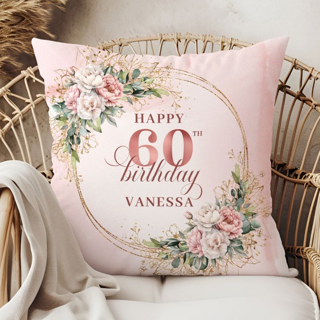 Kostbaar lichtroze boho bloemengeschenk 60e verjaa kussen (Precious Light Pink Boho Floral Gift 60th birthday pillow)