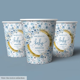 Kostbare pastelblauwe waterverf bloemen gouden bab papieren bekers