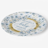 Kostbare pastelblauwe waterverf bloemen gouden jon papieren bordje (Gekanteld)