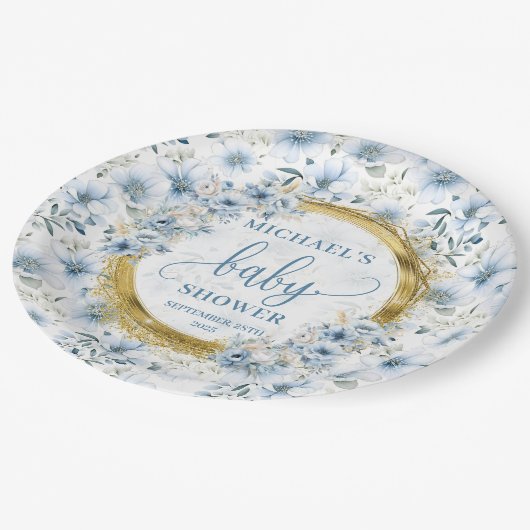 Kostbare pastelblauwe waterverf bloemen gouden jon papieren bordje (Gekanteld)