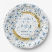 Kostbare pastelblauwe waterverf bloemen gouden jon papieren bordje (Voorkant)