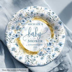 Kostbare pastelblauwe waterverf bloemen gouden jon papieren bordje