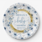 Kostbare stoffige blauw waterverf bloemen gouden d papieren bordje (Voorkant)