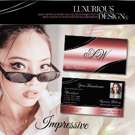 Kostbare zwart rode gebogen lijnen monogram en fot visitekaartje