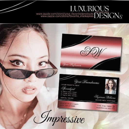 Kostbare zwart rode gebogen lijnen monogram en fot visitekaartje