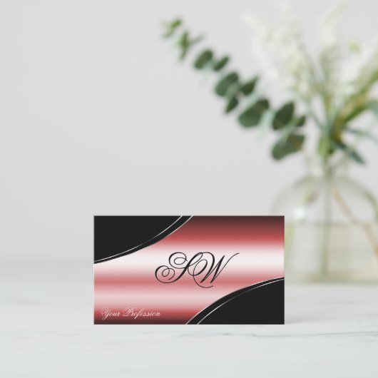 Kostbare zwart rode gebogen lijnen monogram en fot visitekaartje (Staand voorkant)